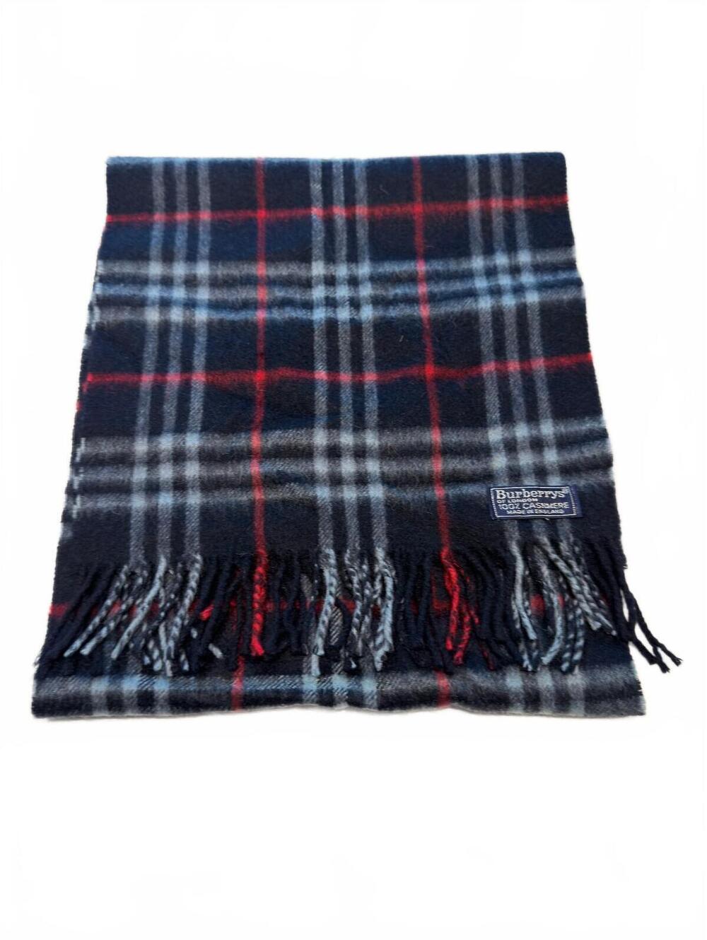 Vintage Burberry Burberrys Cashmere Plaid Scarf Navy Red Light Blue England 0286